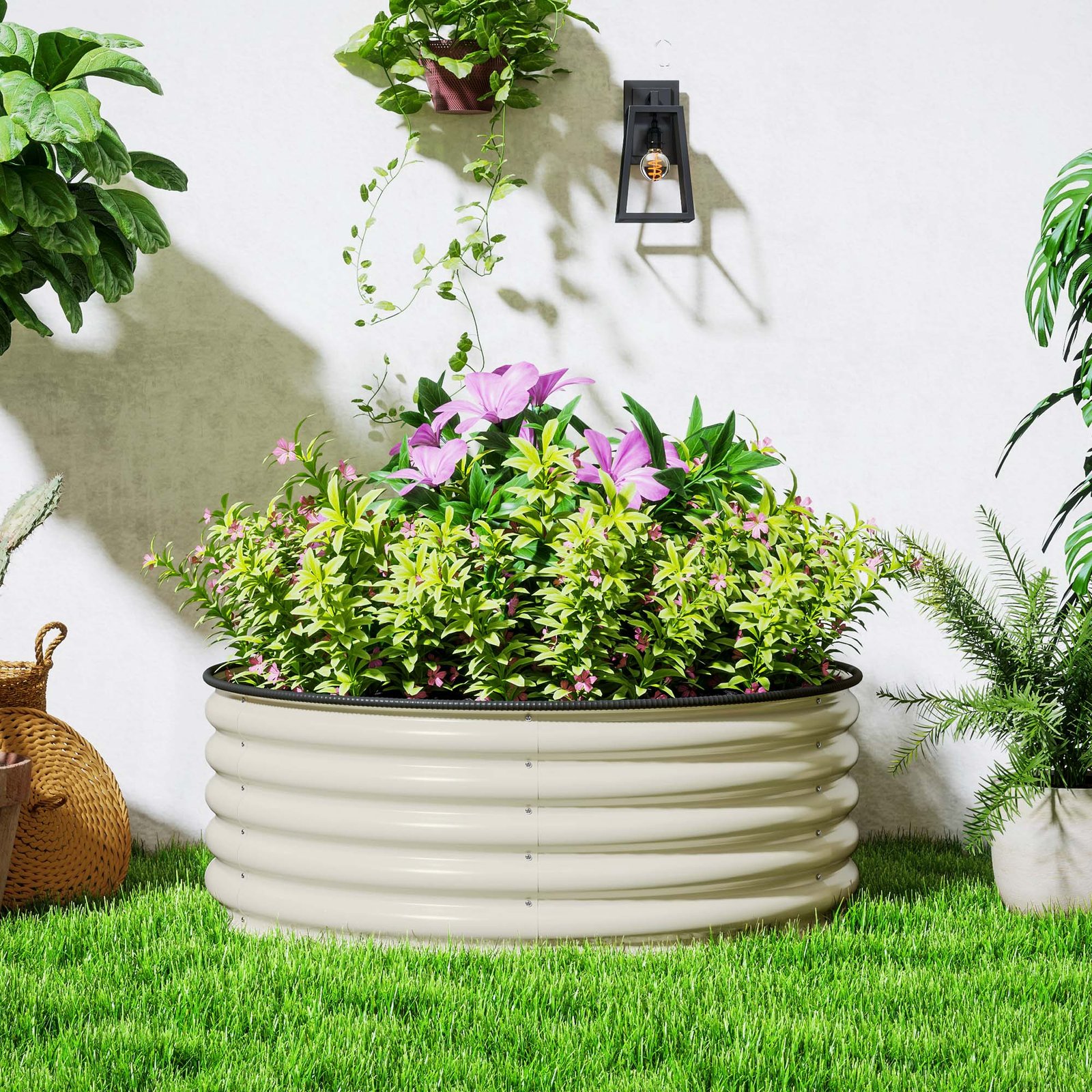 Galvanised Raised Garden Bed with Safety Edging, Outdoor Raised Planter Box with Gloves and Open Bottom, Metal Raised Bed for Flowers, Vegetables and Herbs, 120 x 120 x 43cm, Cream White - Image 4