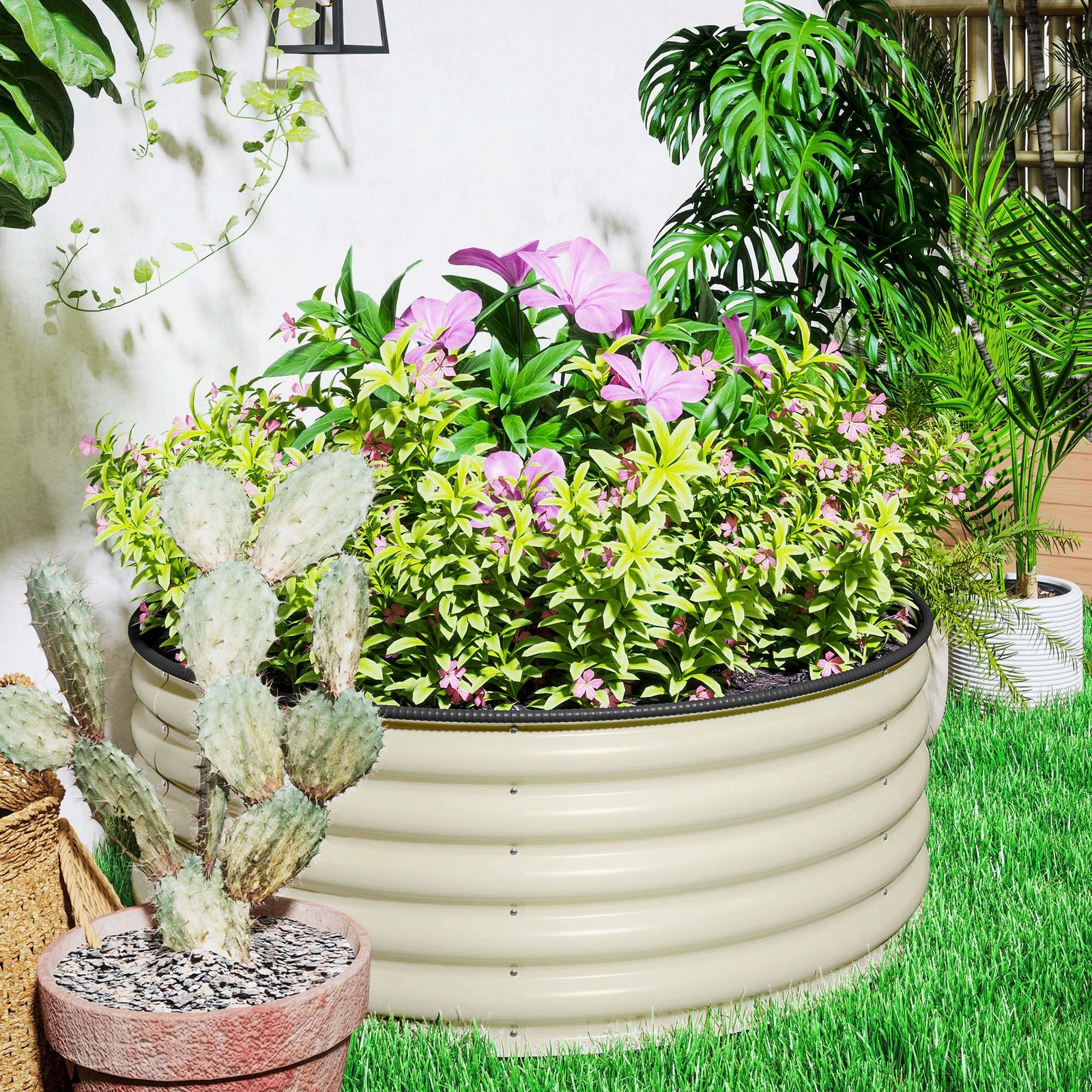 Galvanised Raised Garden Bed with Safety Edging, Outdoor Raised Planter Box with Gloves and Open Bottom, Metal Raised Bed for Flowers, Vegetables and Herbs, 120 x 120 x 43cm, Cream White - Image 10