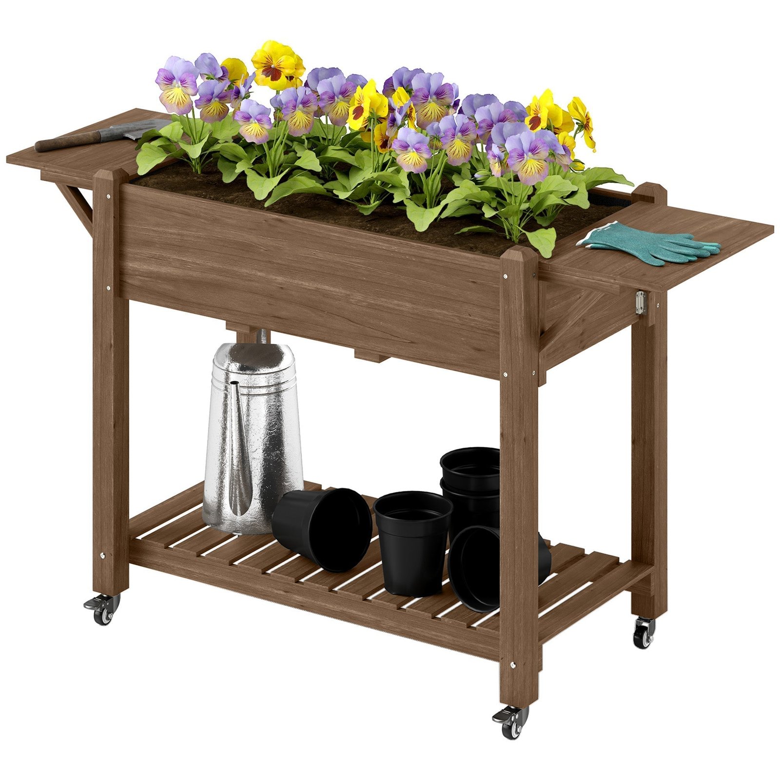 Wooden Elevated Planter Box with Lockable Wheels, Side Tables and Bottom Shelf, Carbonised - Image 2