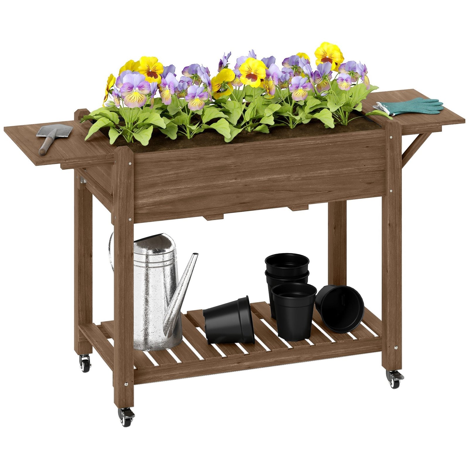Wooden Elevated Planter Box with Lockable Wheels, Side Tables and Bottom Shelf, Carbonised