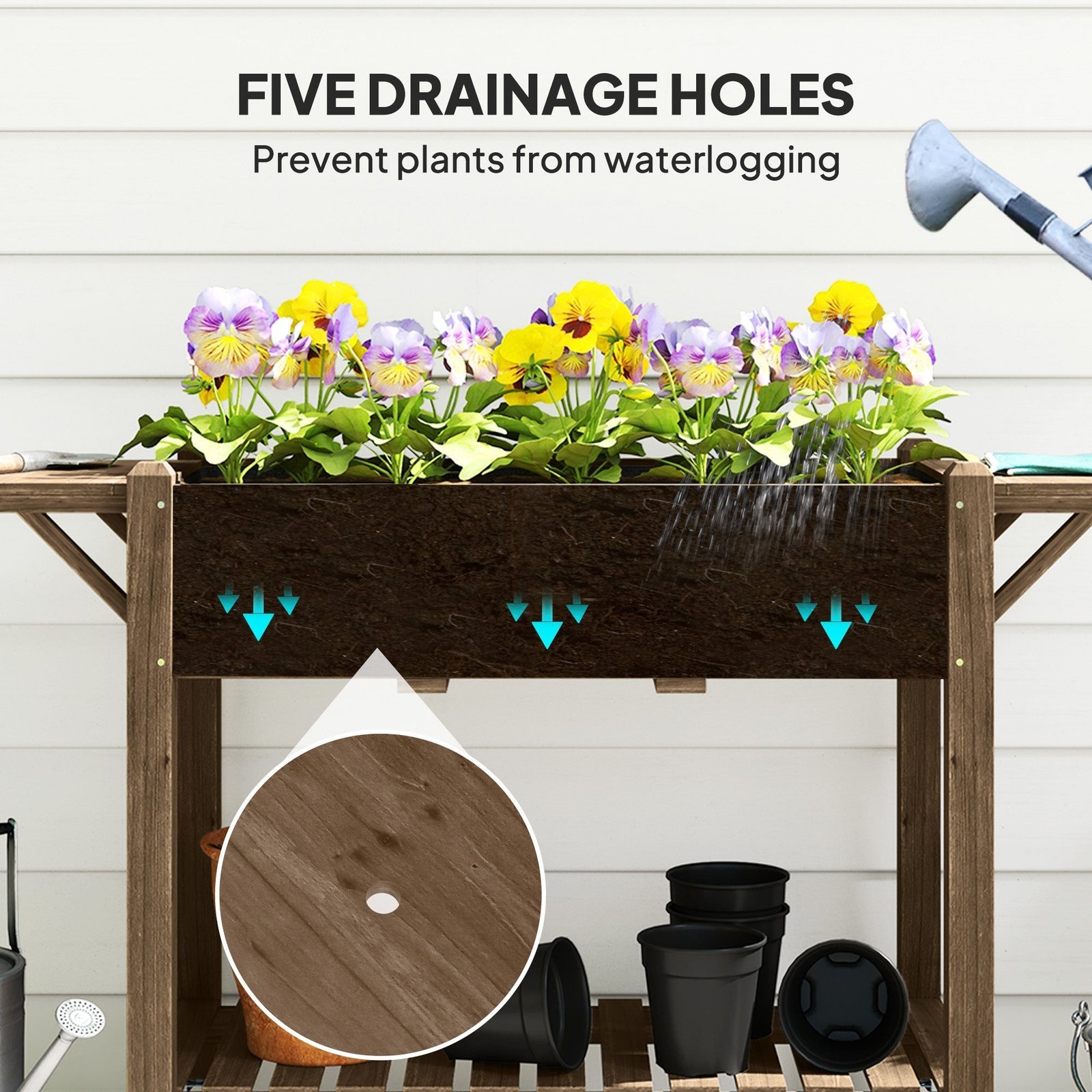Wooden Elevated Planter Box with Lockable Wheels, Side Tables and Bottom Shelf, Carbonised - Image 9