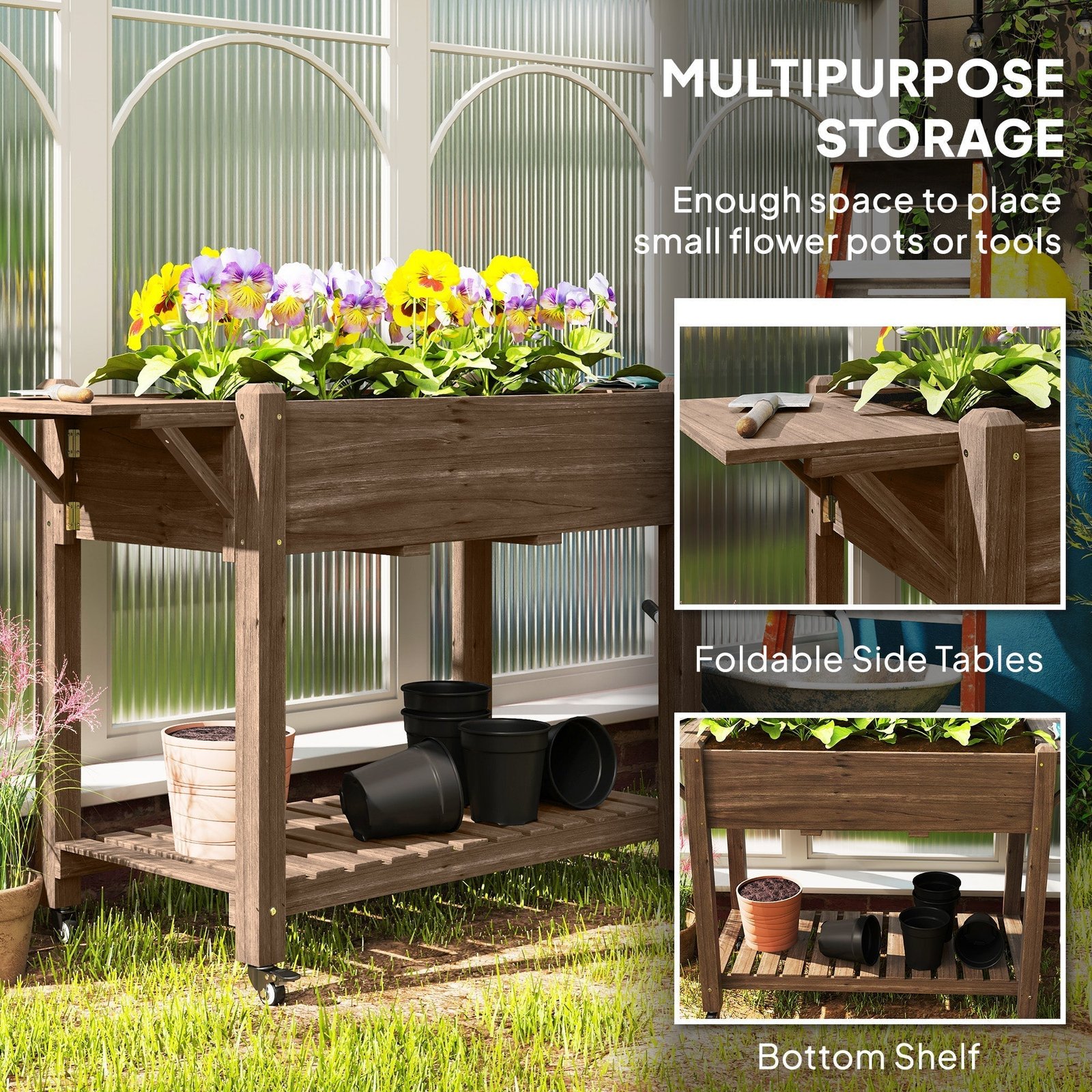 Wooden Elevated Planter Box with Lockable Wheels, Side Tables and Bottom Shelf, Carbonised - Image 6