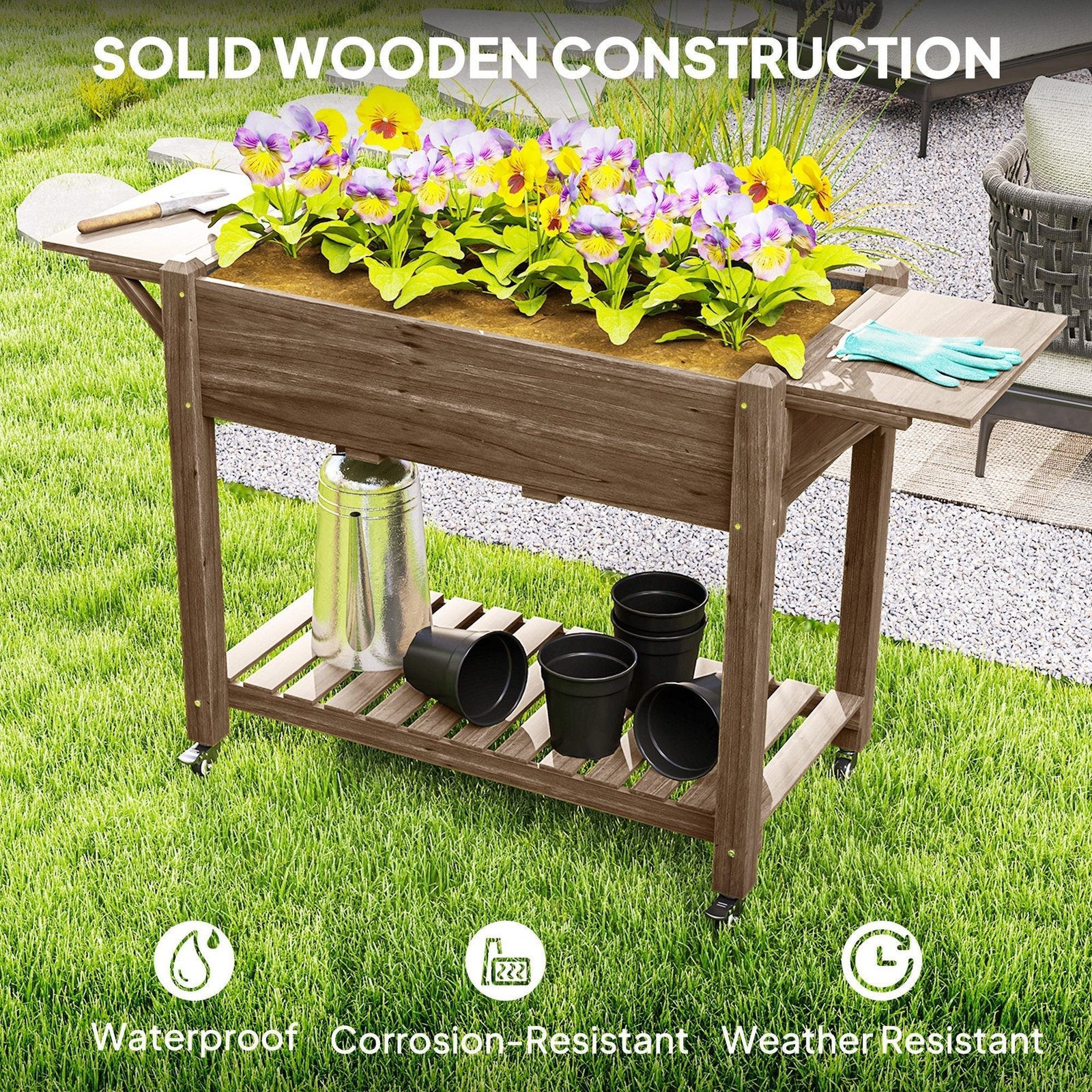 Wooden Elevated Planter Box with Lockable Wheels, Side Tables and Bottom Shelf, Carbonised - Image 10