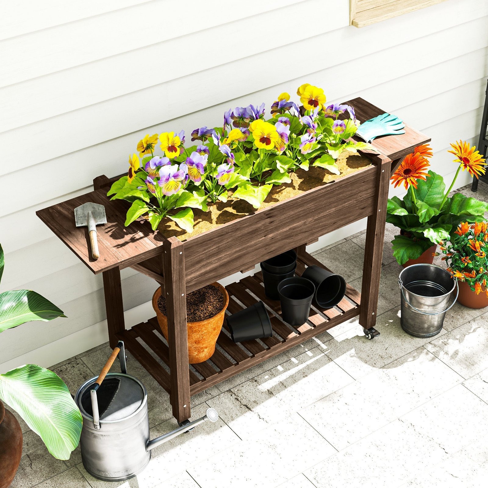 Wooden Elevated Planter Box with Lockable Wheels, Side Tables and Bottom Shelf, Carbonised - Image 11